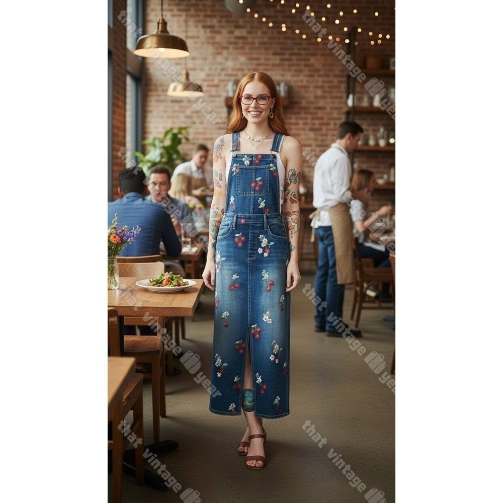 DRIFTWOOD Jeans Sarah Overall Denim Dress - SUMMER CHERRIES, NWT Large $228